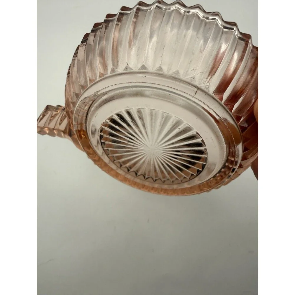 Vintage Pink Depression Glass Dessert Bowl with Handle Ribbed Scalloped 4”